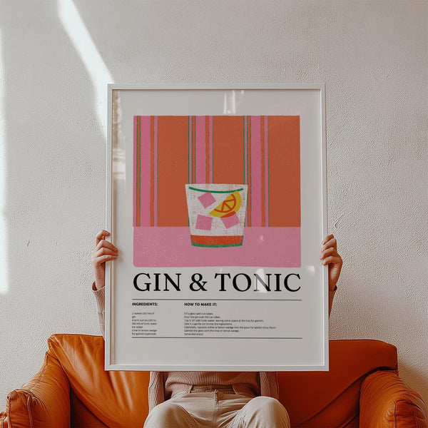 Bright gin and tonic illustration print used as kitchen art or bar decor.