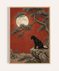 Black Panther Moon Print in bold Red, Beige, and Black for living room wall art