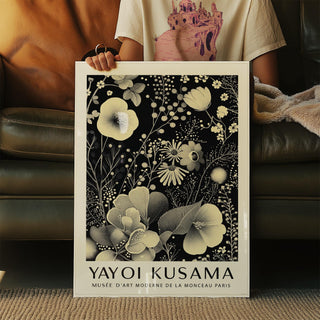 Large floral wall art with Kusama-inspired patterns and petal clusters