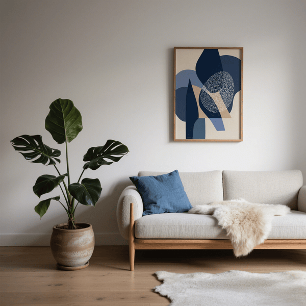 Blue Abstract Print contemporary poster in Blue, Beige, White, Brown for entryway