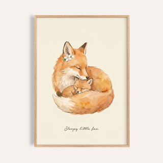 Watercolor fox family poster with handwritten 'Sleepy little fox' text