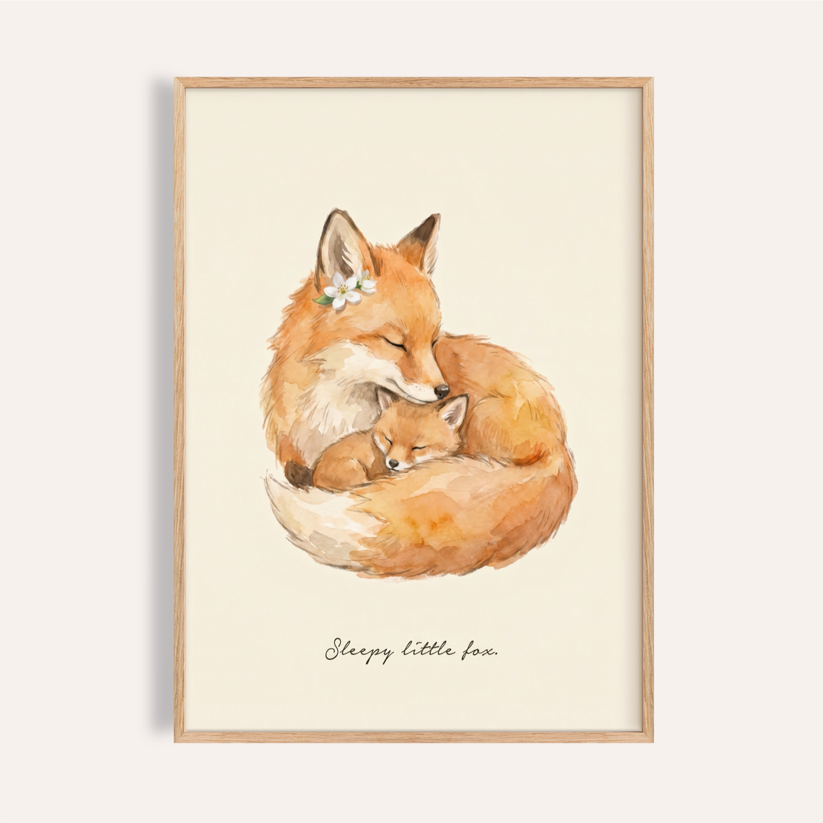Watercolor fox family poster with handwritten 'Sleepy little fox' text