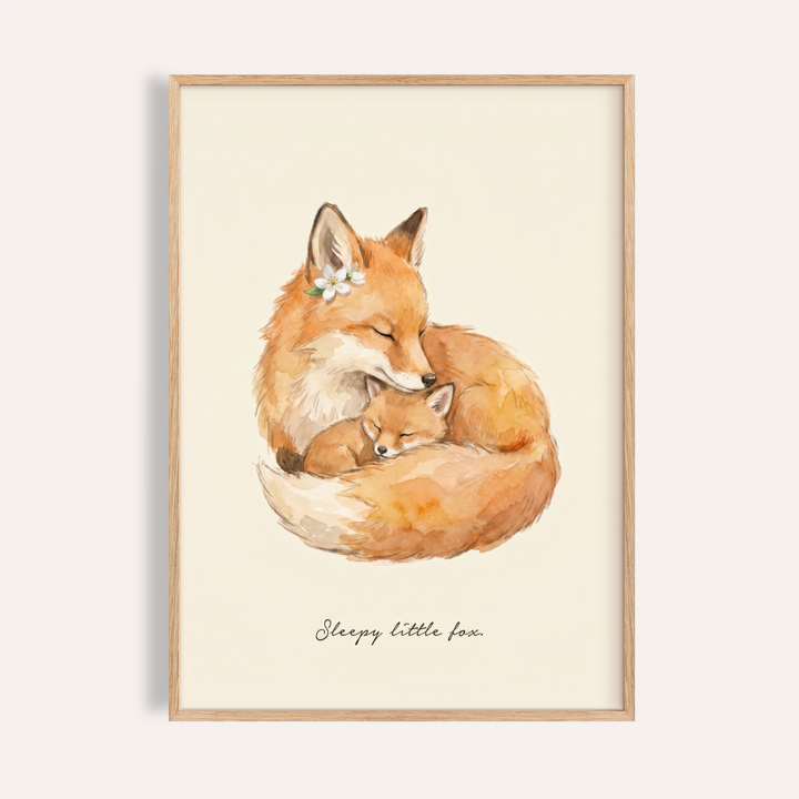 Watercolor fox family poster with handwritten 'Sleepy little fox' text
