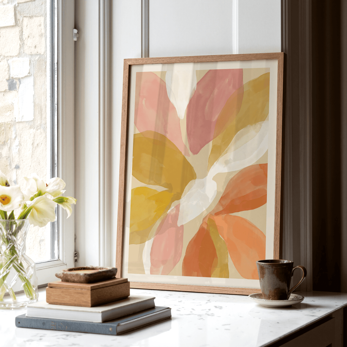 Minimal botanical wall art print showing overlapping translucent petal shapes