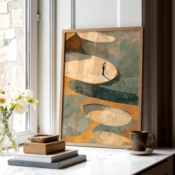 Textured course poster featuring winding sand traps and negative space