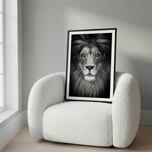 Black and White Lion Print poster displaying detailed mane and symmetrical face