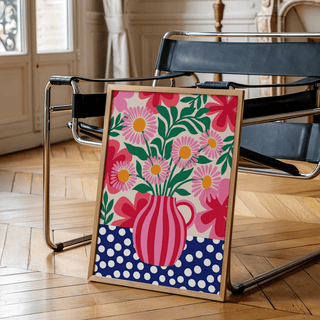 Bright Colorful Flower Art Print featuring Blue, White, and Beige for living room poster