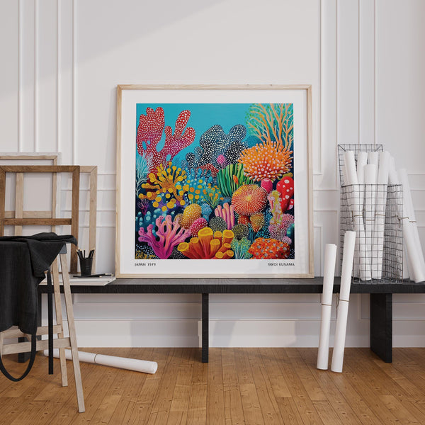 Bold marine-inspired colorful ocean picture with red, orange, and teal reef forms.