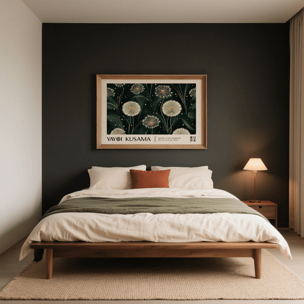 Yayoi Kusama inspired horizontal emerald green wall art for bedroom 