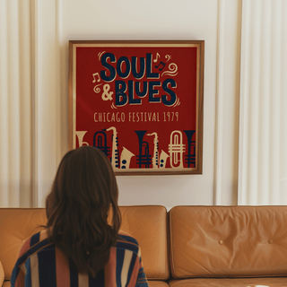 Soul Blues Festival Art displayed in Red, Blue, Beige in modern lounge print
