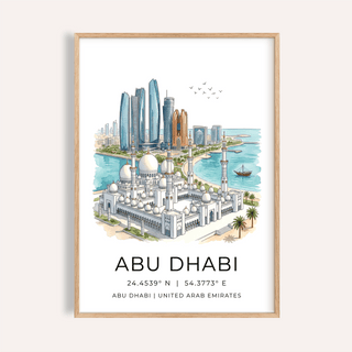 Abu Dhabi Art Print with mosque domes, minarets, and modern skyline