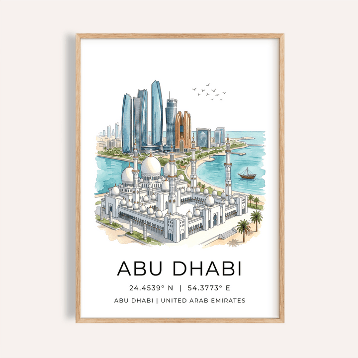 Abu Dhabi Art Print with mosque domes, minarets, and modern skyline