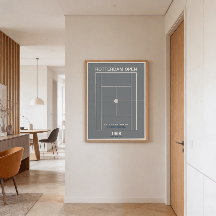 Print on a wall in a neat hallway showing a minimalist tennis court diagram in white on grey with a wooden frame