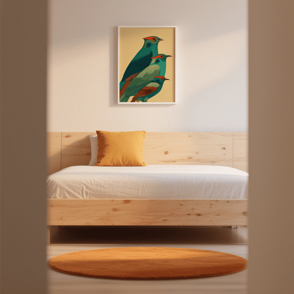 Colorful Bird Art Print depicting a trio of birds with graphic eyes and clean contour lines