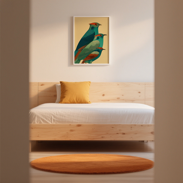 Colorful Bird Art Print depicting a trio of birds with graphic eyes and clean contour lines