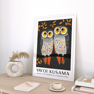 Unique owl wall art featuring Kusama’s polka dot influences