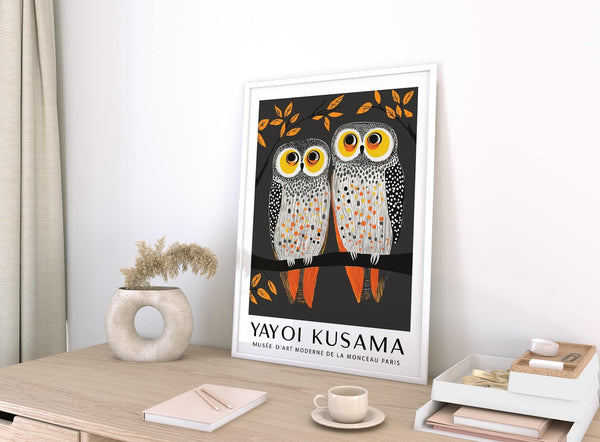 Unique owl wall art featuring Kusama’s polka dot influences