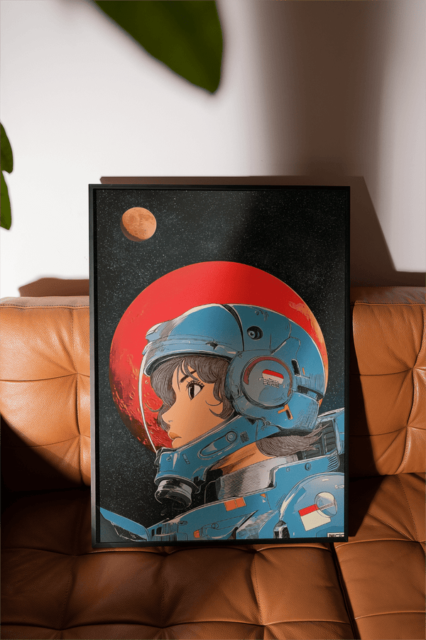 Space Girl Art Print with red and blue for living room poster