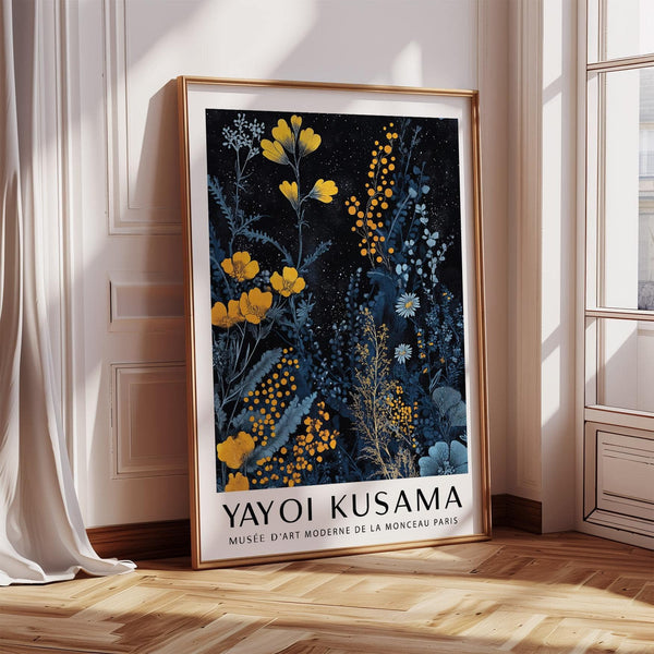 Abstract Kusama Museum style artwork with vivid orange flowers and dark stems