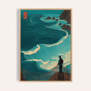 Framed close-up of ocean fisherman wall art with a dark teal sea and a fisherman holding a net