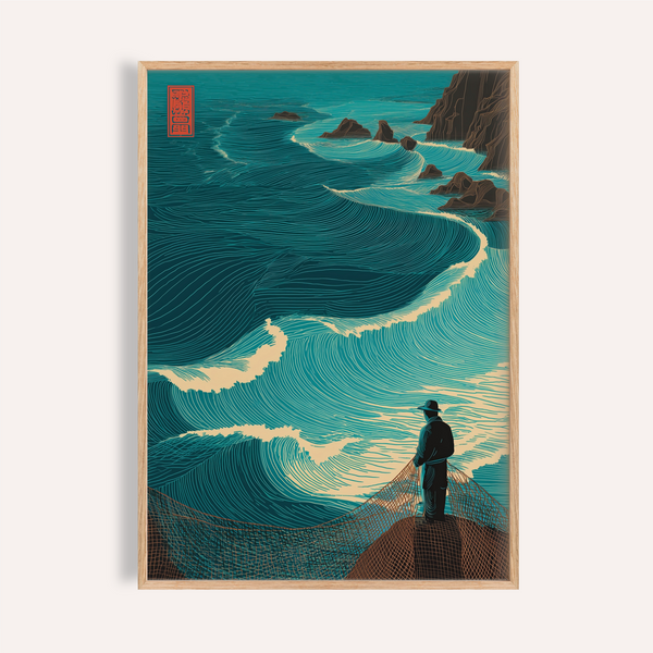 Ocean Fisherman Wall Art print showing sweeping wave contours and lone angler