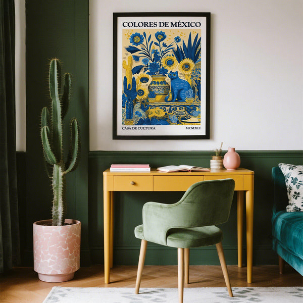 Mexican folk poster featuring a cat among cactus and flowers.