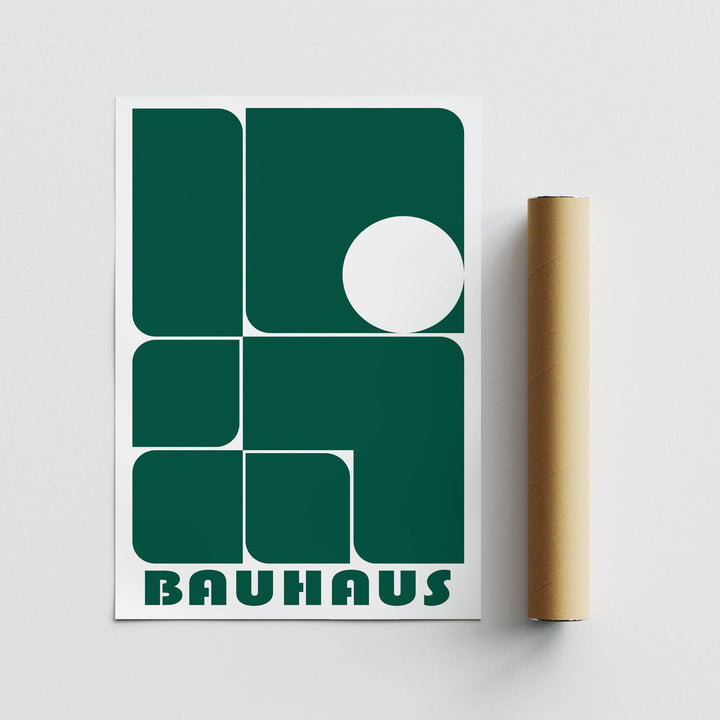 Art for Office print with green geometric shapes with a packaging tube on a white background