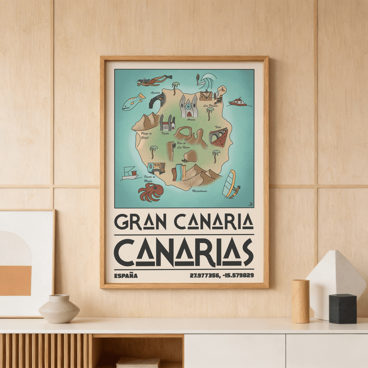 Stylised travel wall art print showing Gran Canaria map with towns and coastal motifs