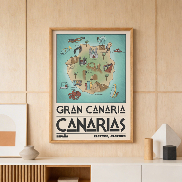 Stylised travel wall art print showing Gran Canaria map with towns and coastal motifs