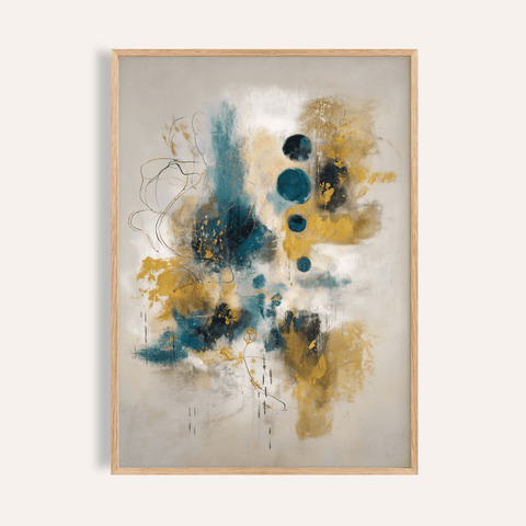 Teal and Black Art Print with blue, gold accents for living room wall art