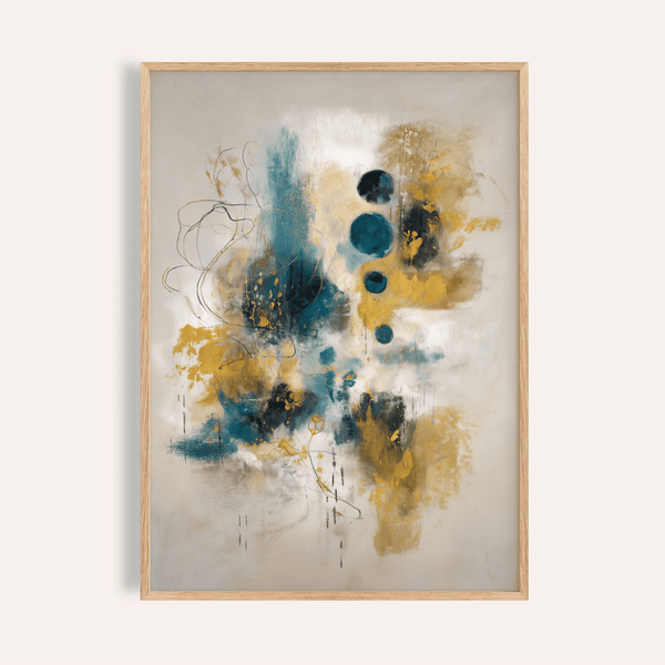 Teal and Black Art Print with blue, gold accents for living room wall art