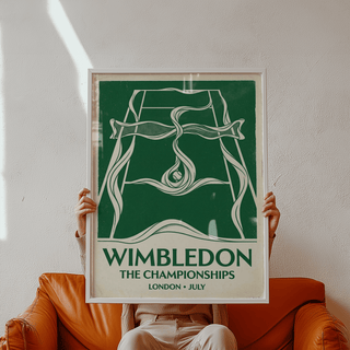 Detail showing bold WIMBLEDON headline text on vintage-style tennis poster print
