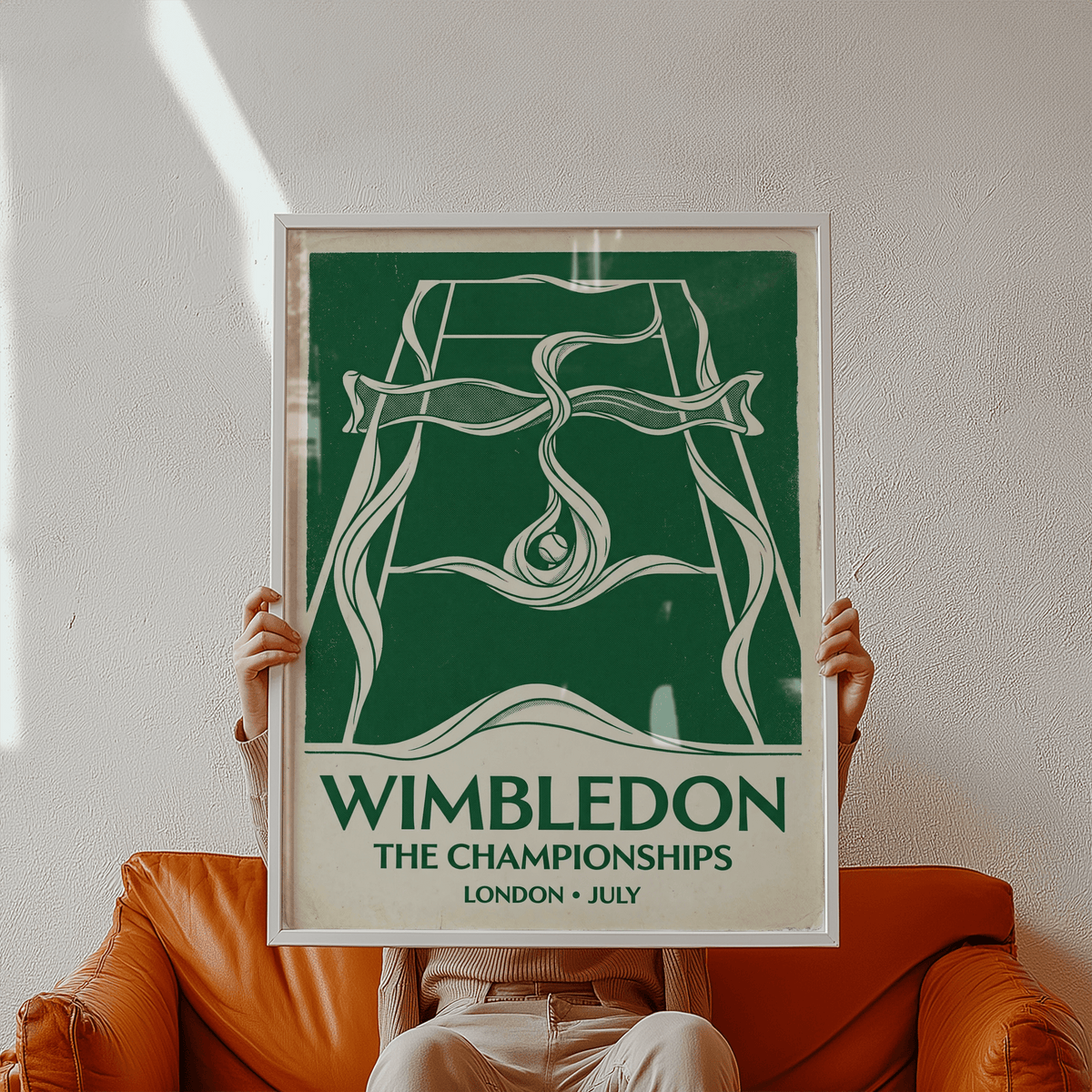 Detail showing bold WIMBLEDON headline text on vintage-style tennis poster print