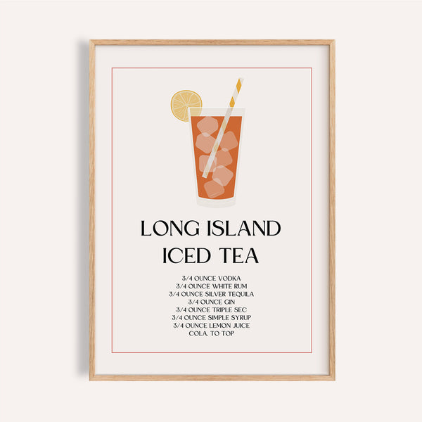 Bar sign decor print with Long Island Iced Tea recipe illustration