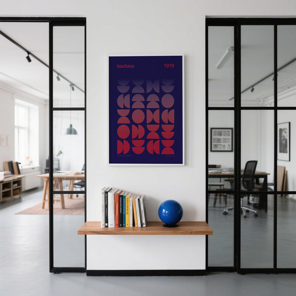 Modern graphic design poster with repeating abstract shapes on dark background.