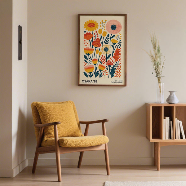 Graphic Wall Art Flowers poster in red, yellow, and teal botanical design