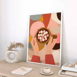Hot Chocolate Wall Art featuring marshmallows, pink kitchen, poster