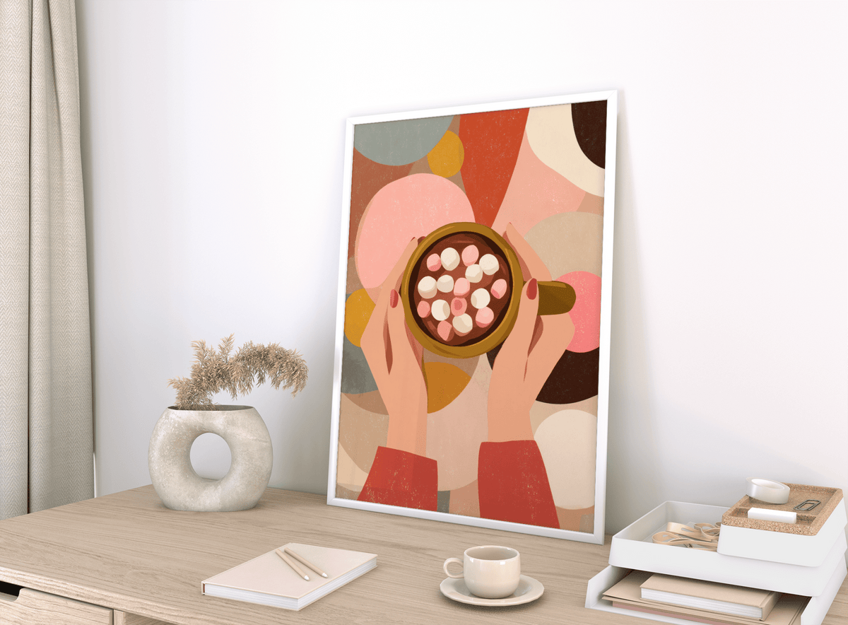 Hot Chocolate Wall Art featuring marshmallows, pink kitchen, poster