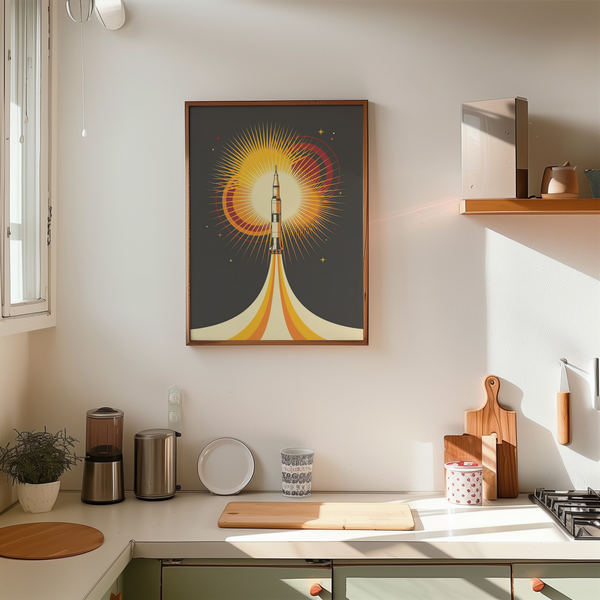 Rocket Launch Art Print featuring yellow burst, home office wall art