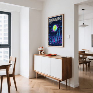 Retro sports poster print showing tennis ball in space-like scene over city buildings