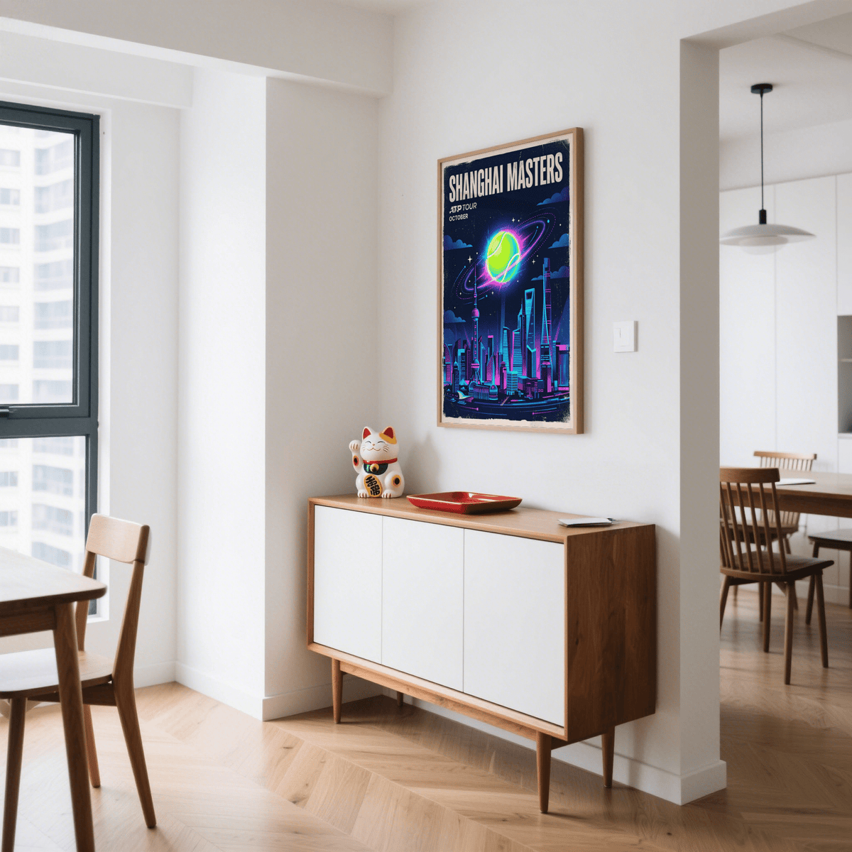 Retro sports poster print showing tennis ball in space-like scene over city buildings