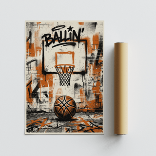 Gritty hoop illustration where paint drips down a distressed backboard and brick