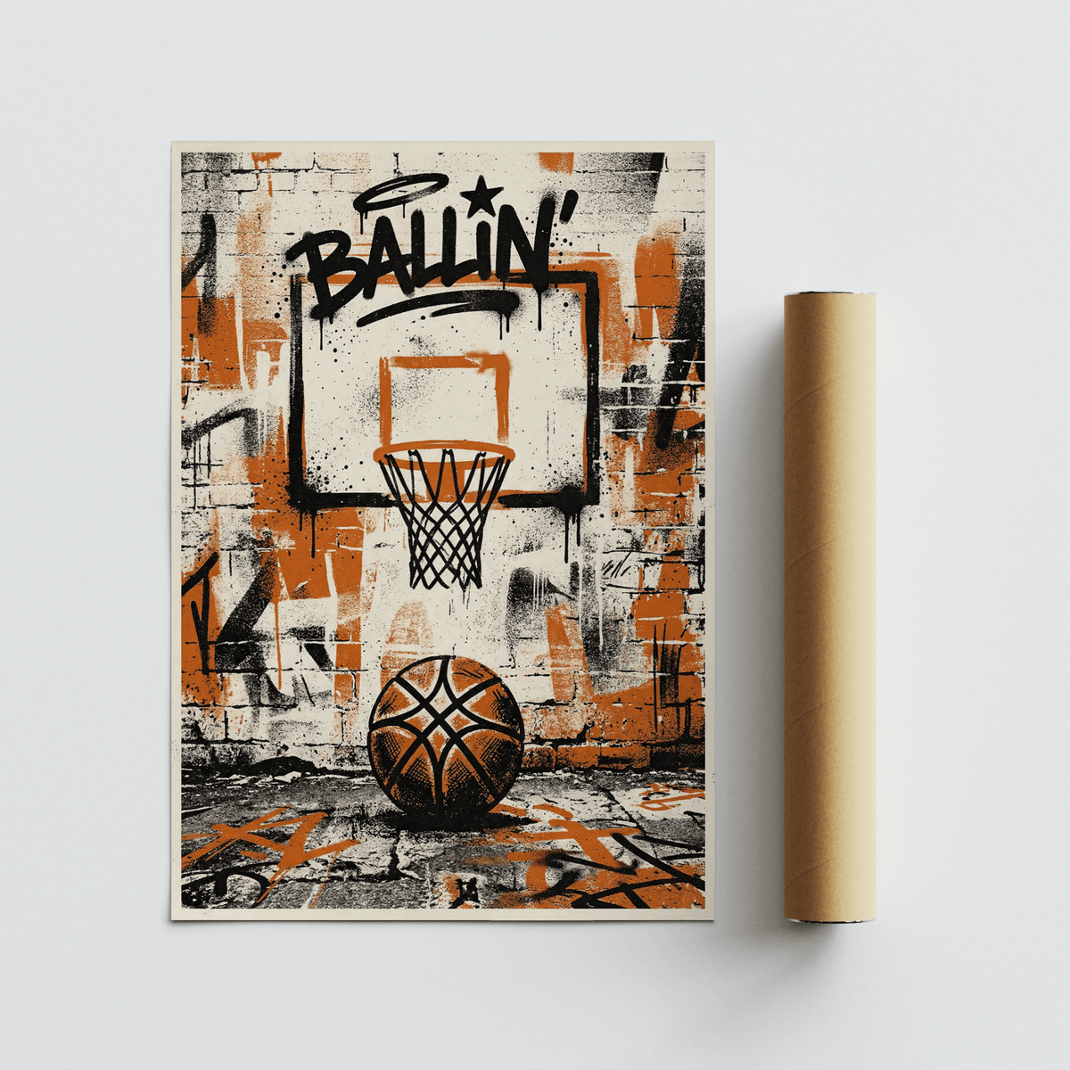 Gritty hoop illustration where paint drips down a distressed backboard and brick