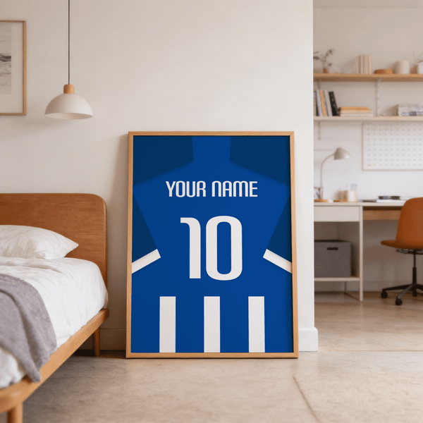 Shown as a personalised jersey-style wall art print with bold number and sleeve stripes