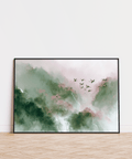 Watercolor Bird Print featuring Green and Pink, kitchen wall poster