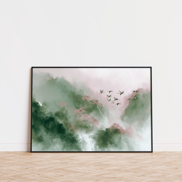 Watercolor Bird Print featuring Green and Pink, kitchen wall poster