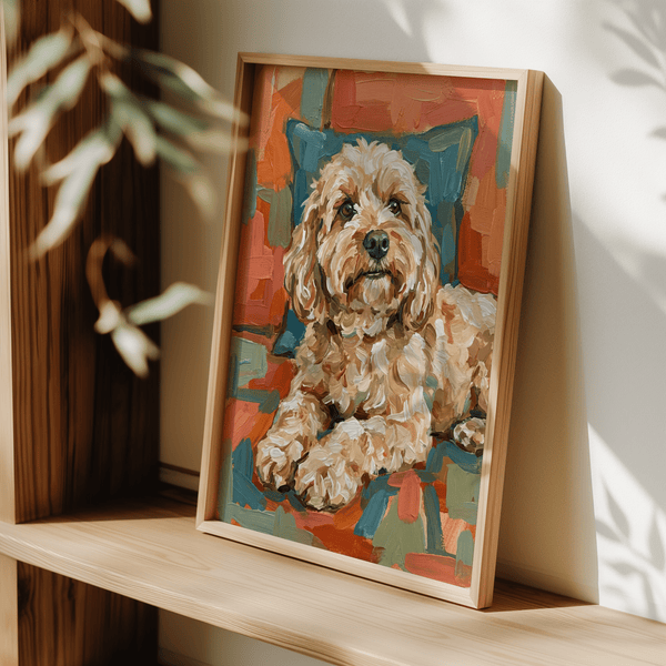 Cockapoo Print poster with Green and Orange shades for family room