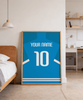 Framed Napoli Football Shirt Poster on wall, crisp blue and white accents and sharp shirt outline