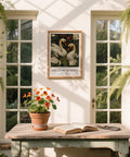 Swan Wall Art showing swans with curved necks amid layered garden blooms.