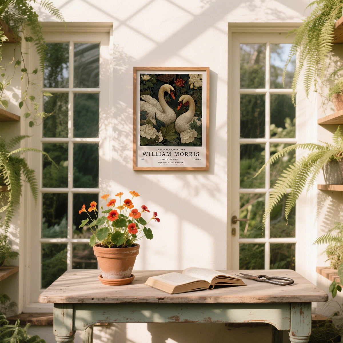 Swan Wall Art showing swans with curved necks amid layered garden blooms.